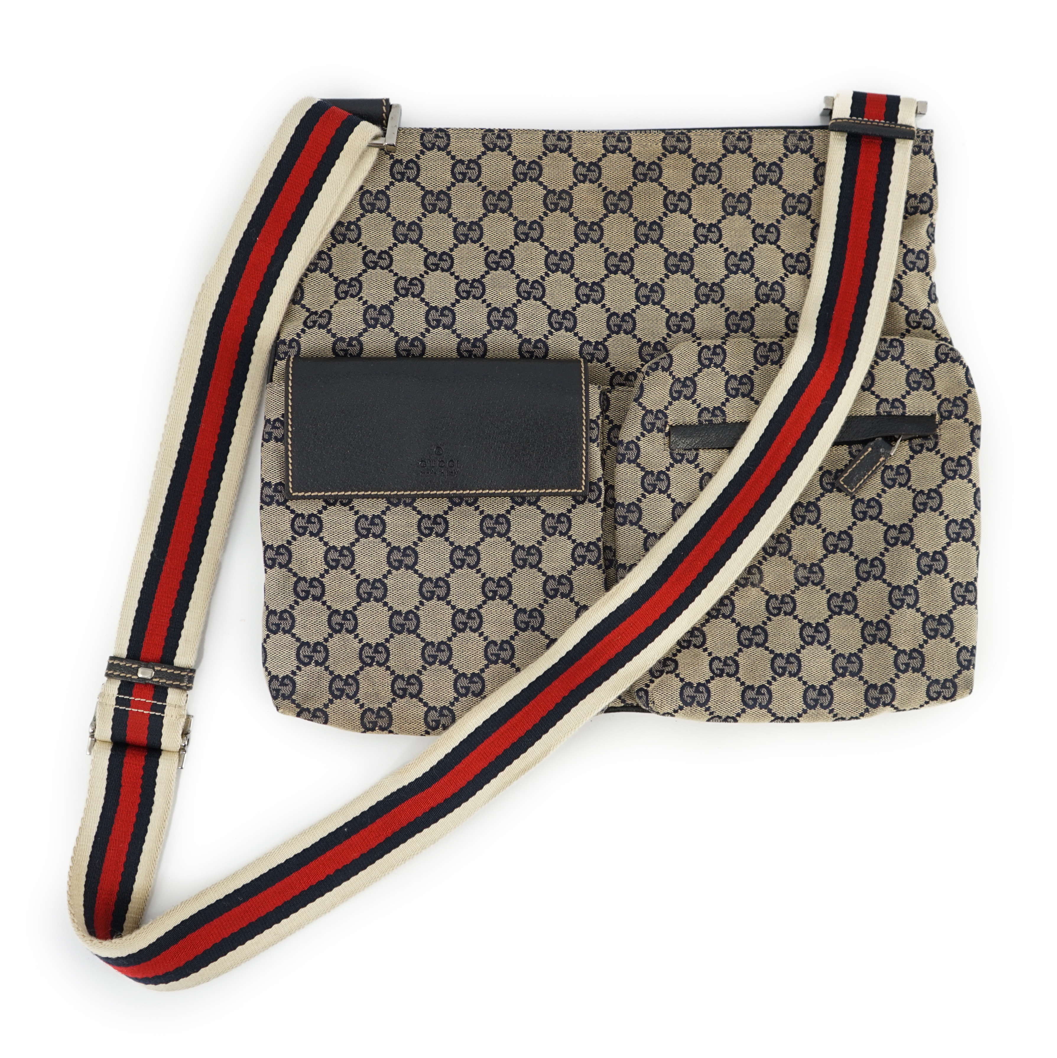 A Gucci GG monogram navy double pocket messenger bag, length 35cm depth 1cm, height 29cm